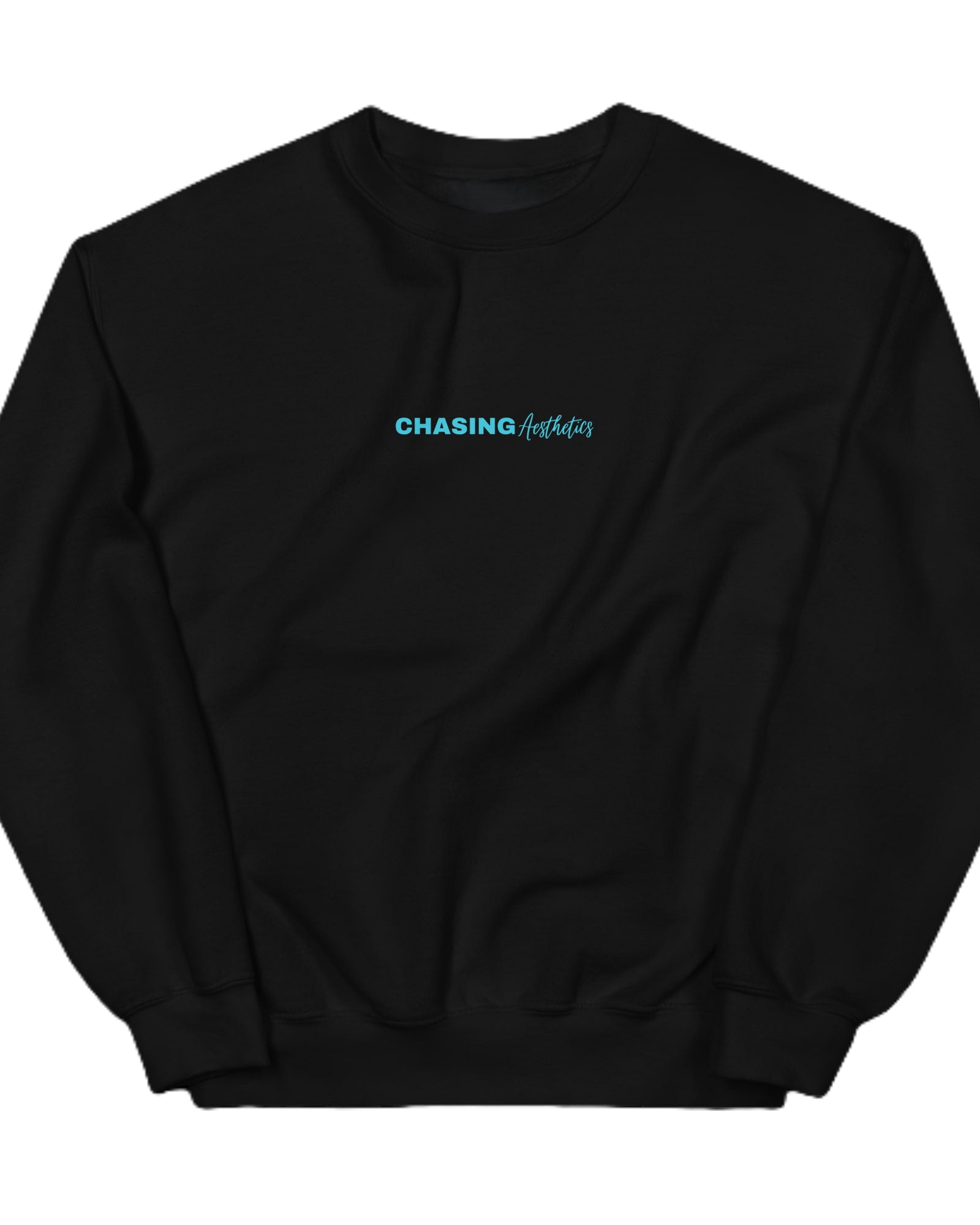 Black sweatshirt with 'CHASING AESTHETICS' text in blue on a white background