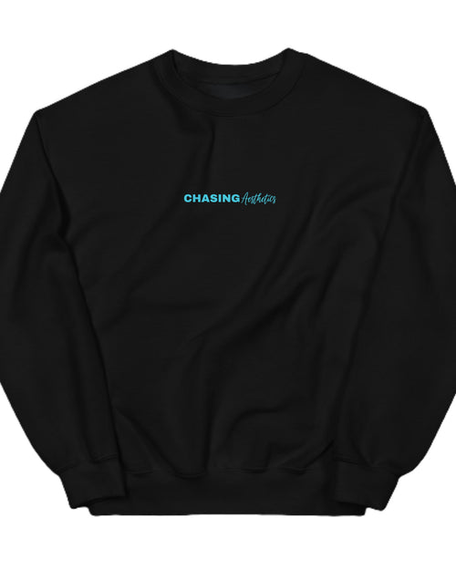 Black sweatshirt with 'CHASING AESTHETICS' text in blue on a white background