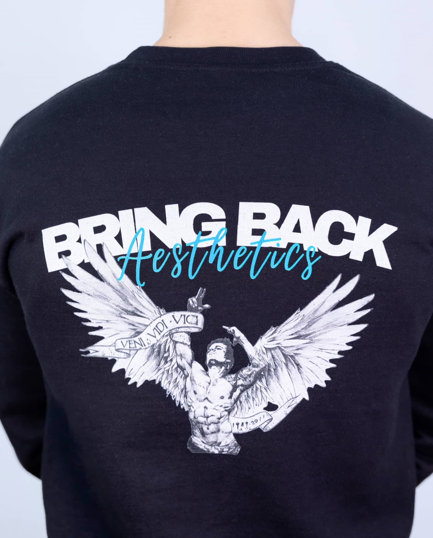 Black sweatshirt with 'Bring Back Aesthetics' design on the back