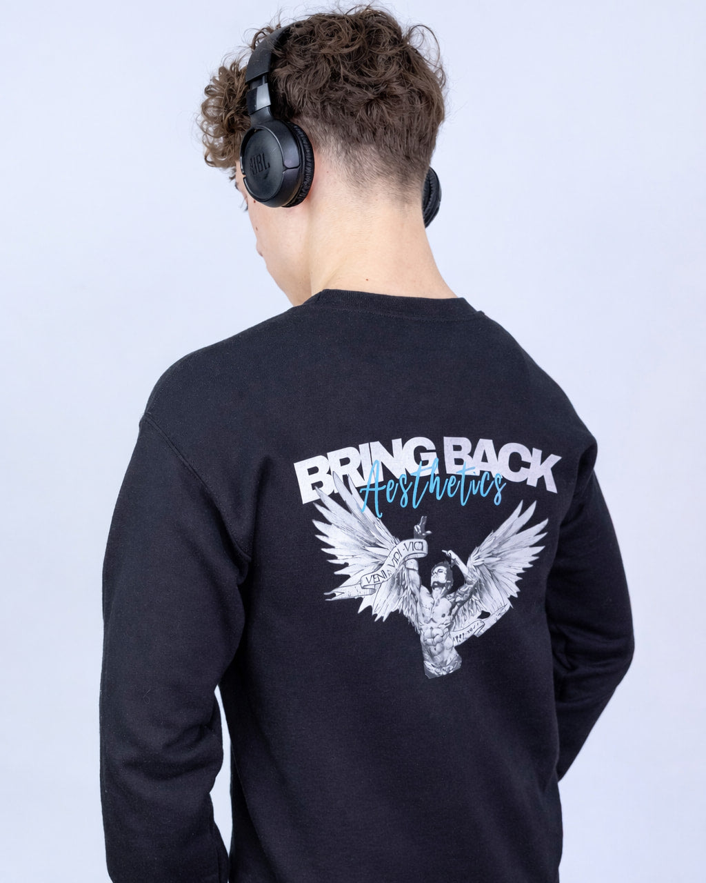 Person wearing a black sweatshirt with 'Bring Back Aesthetics' design on the back, against a light background.