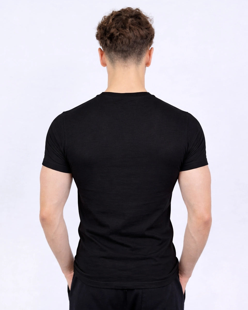 Back of black muscle fit tee