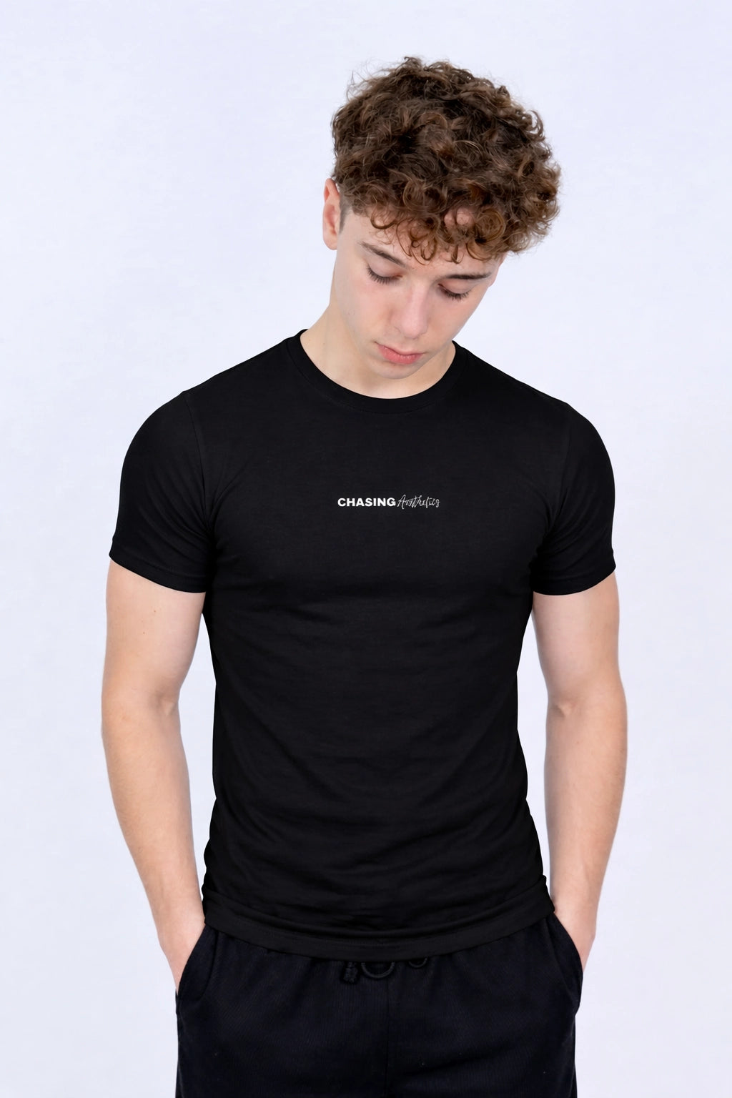 Front of black muscle fit tee