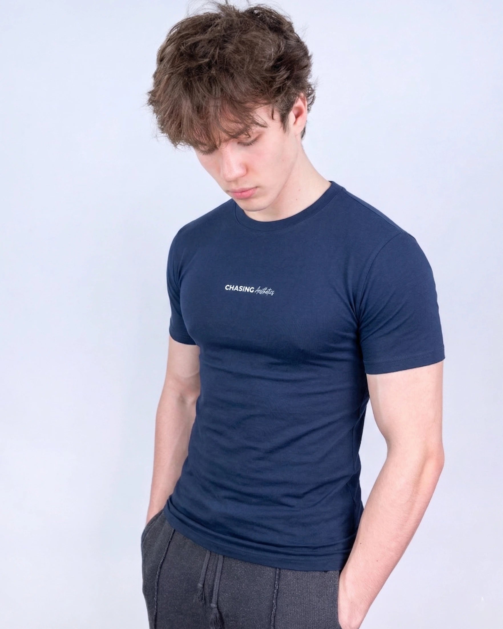 Front of navy muscle fit tee