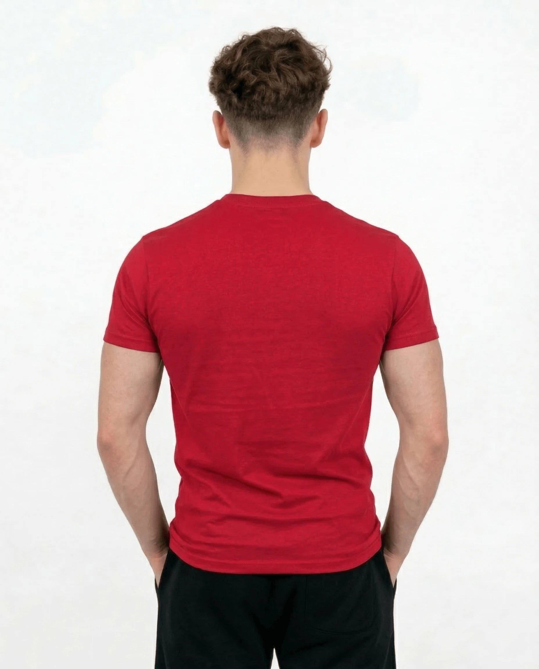 Back of black muscle fit tee