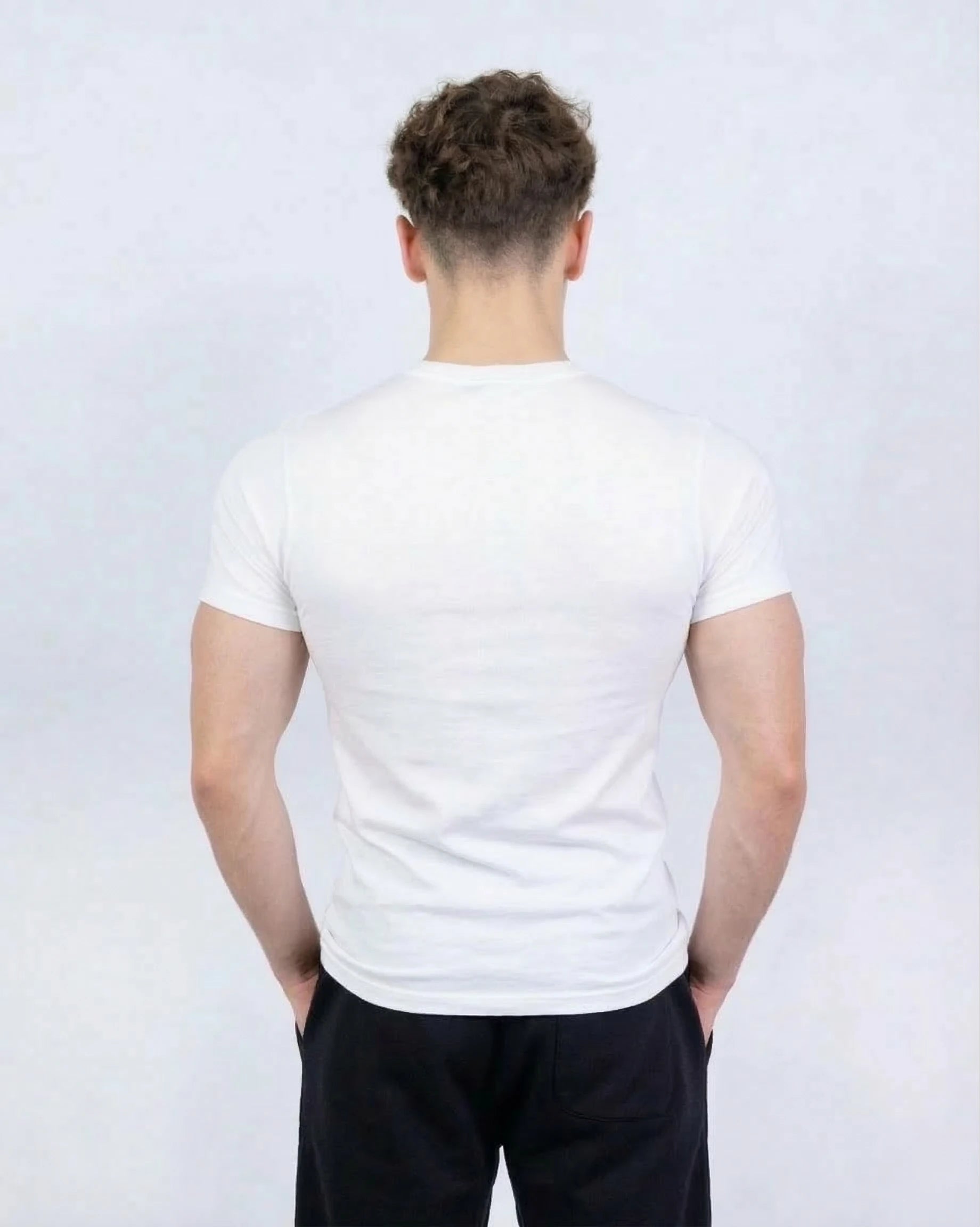 White men's fitted t-shirt back view, premium cotton
