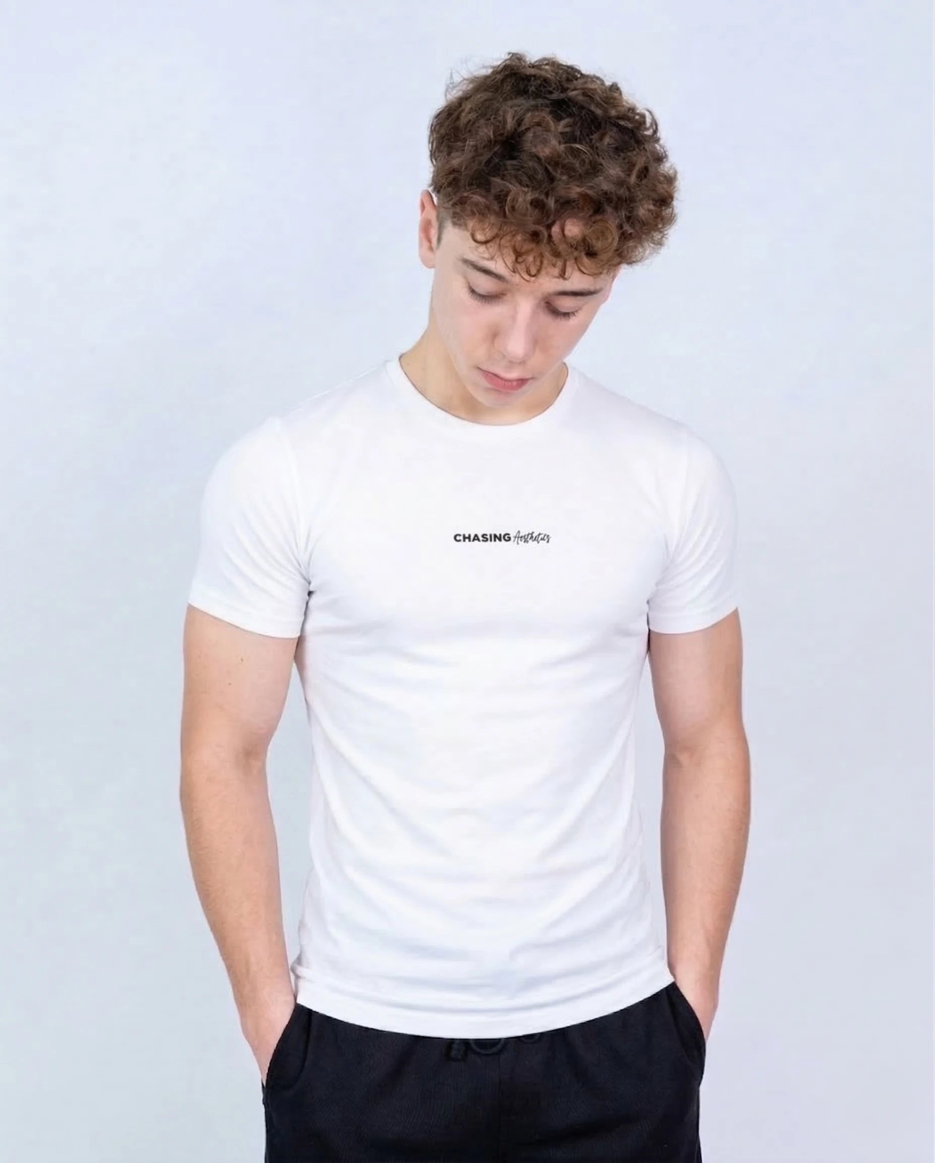 White men's fitted t-shirt front view, premium cotton