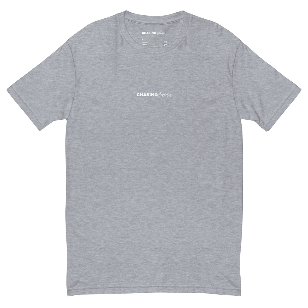 Gray t-shirt with text on a white background