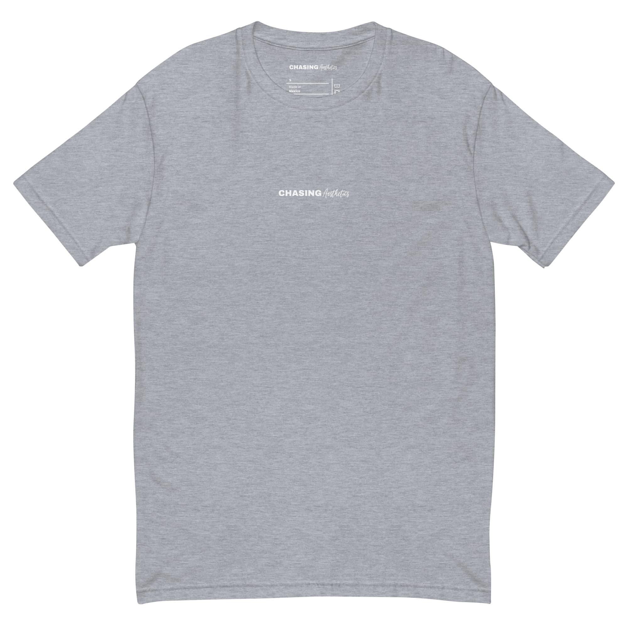 Gray t-shirt with text on a white background