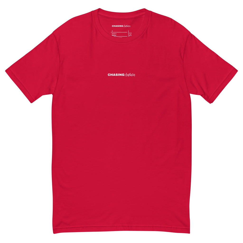 Red t-shirt with a logo on the chest against a white background