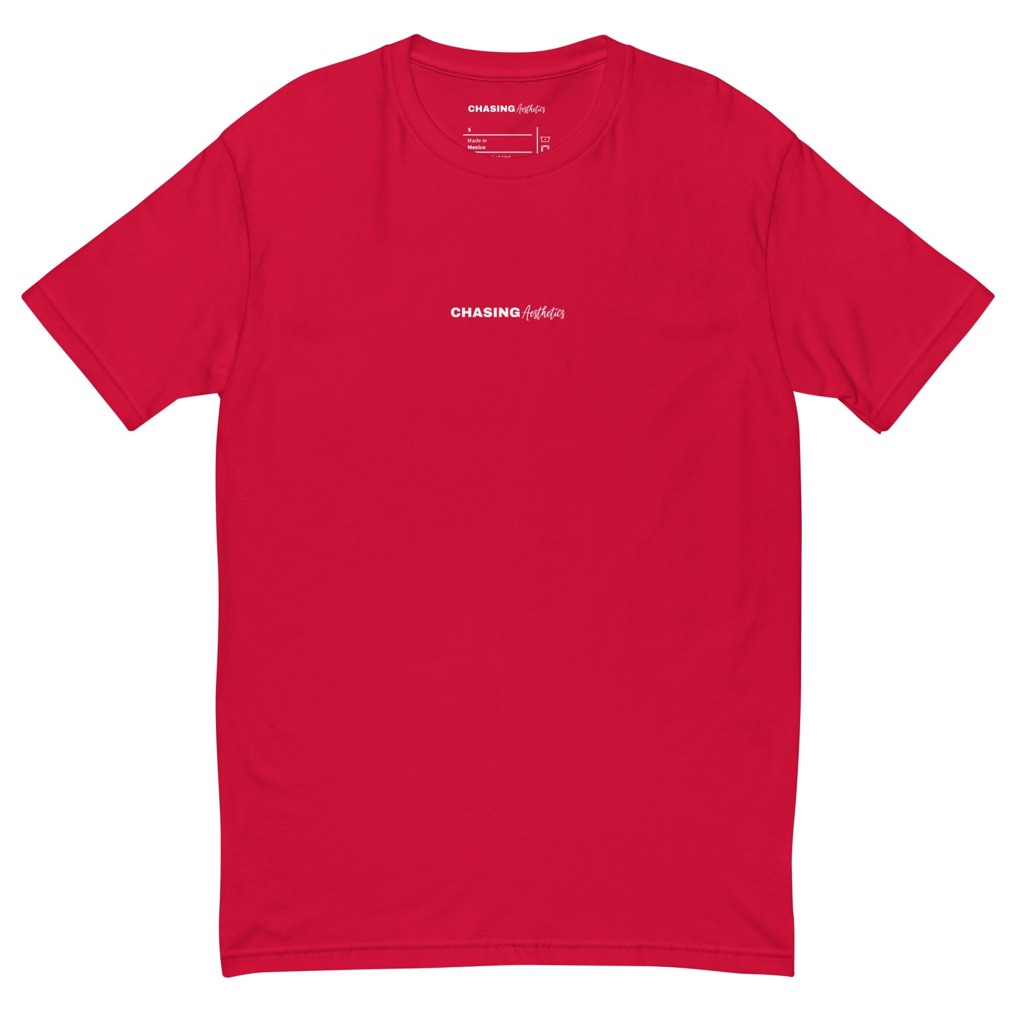 Red t-shirt with a logo on the chest against a white background
