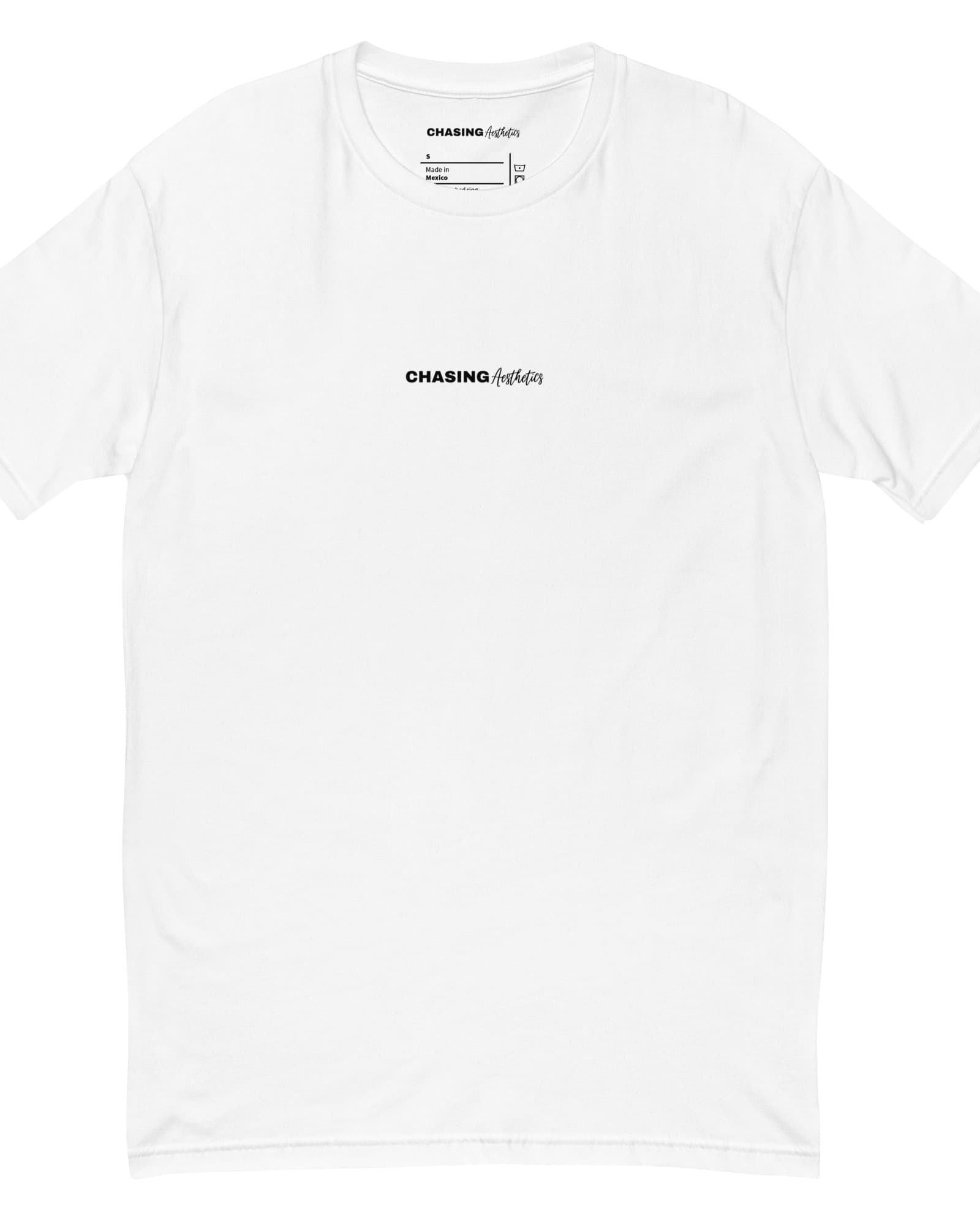White t-shirt with black text on a white background