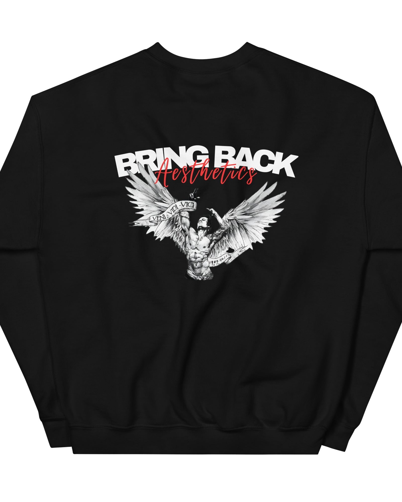 Black sweatshirt with graphic design and text on a white background