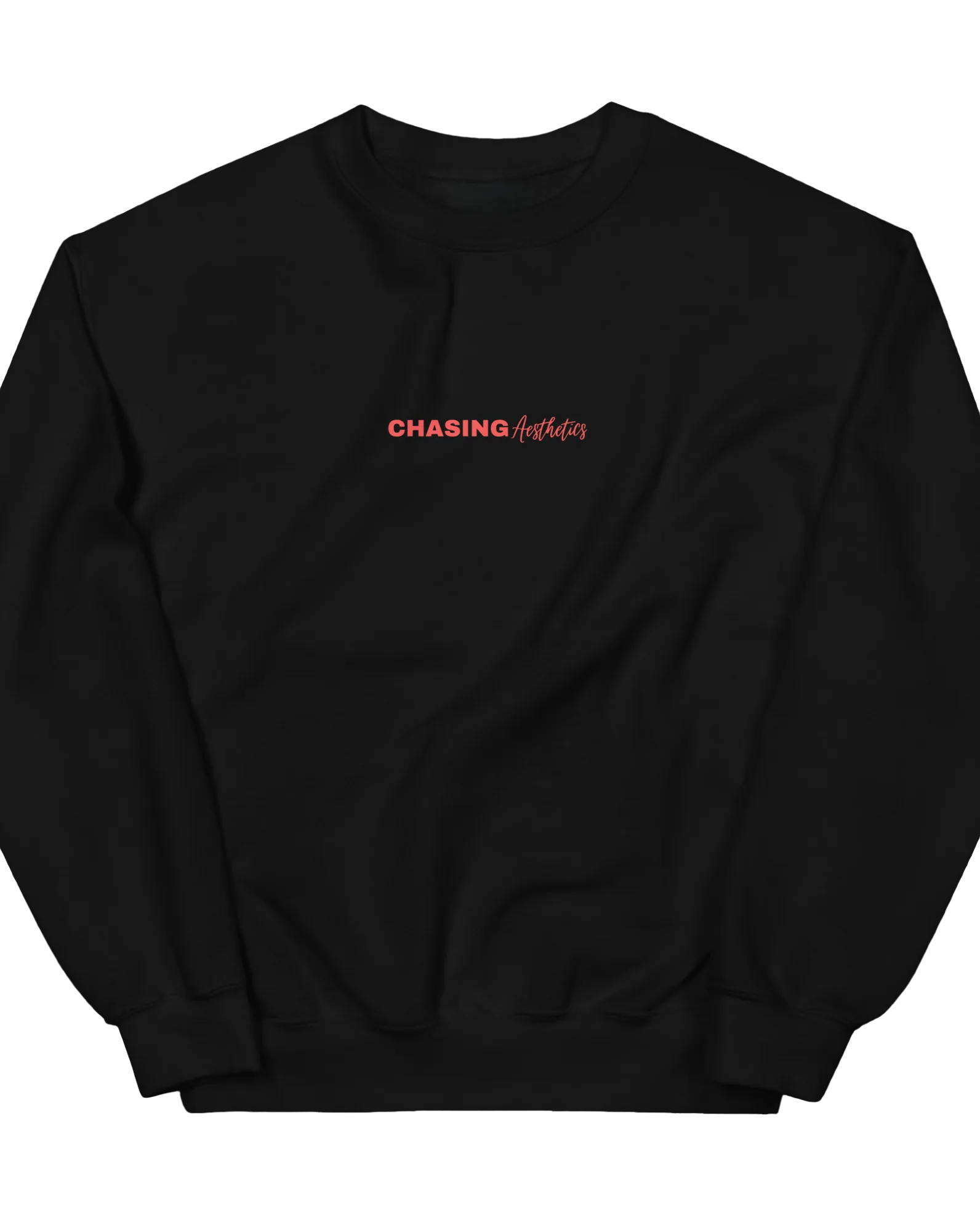 Black sweatshirt with red text 'CHASING AESTHETICS' on a white background